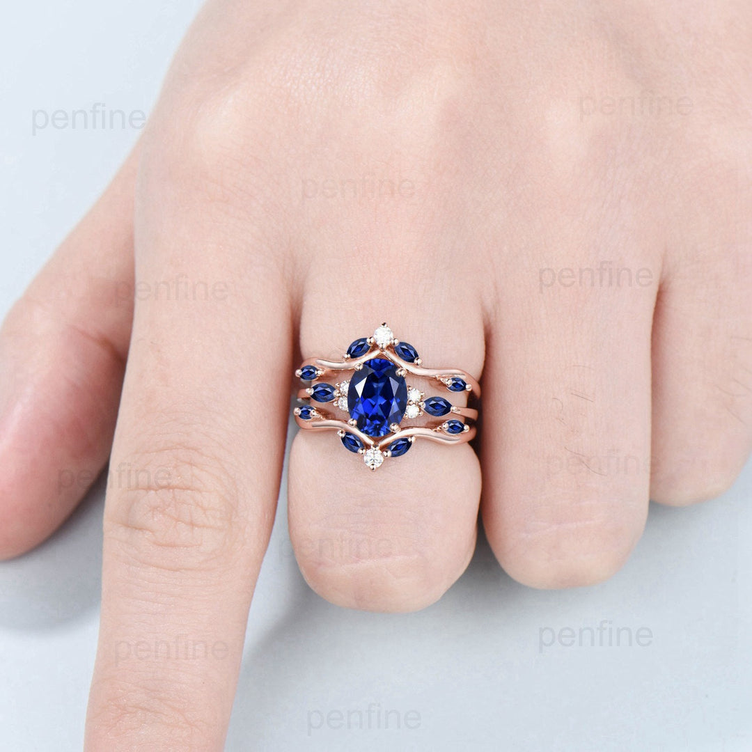 Unique Oval Sapphire Engagement Ring Set Vintage Marquise Lab Sapphire Wedding Ring Double Curved Enhancer Moissanite Stacking Bridal Set - PENFINE