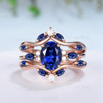 Unique Oval Sapphire Engagement Ring Set Vintage Marquise Lab Sapphire Wedding Ring Double Curved Enhancer Moissanite Stacking Bridal Set - PENFINE