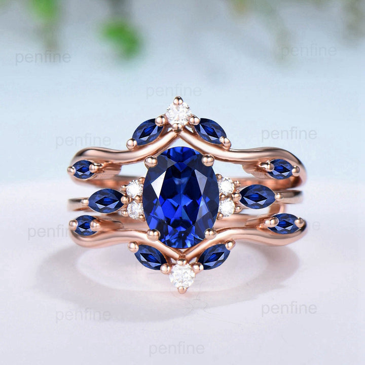 Unique Oval Sapphire Engagement Ring Set Vintage Marquise Lab Sapphire Wedding Ring Double Curved Enhancer Moissanite Stacking Bridal Set - PENFINE