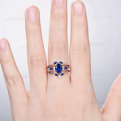 Unique Oval Sapphire Engagement Ring Set Vintage Marquise Lab Sapphire Wedding Ring Double Curved Enhancer Moissanite Stacking Bridal Set - PENFINE