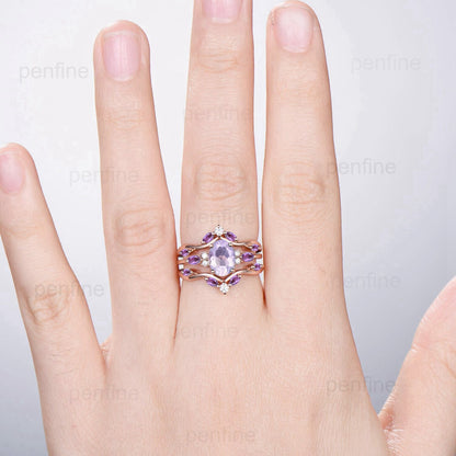 Unique Oval Lavender Amethyst Engagement Ring Set Vintage Marquise Purple Amethyst Wedding Ring Double Curved Enhancer Band Anniversary Gift - PENFINE