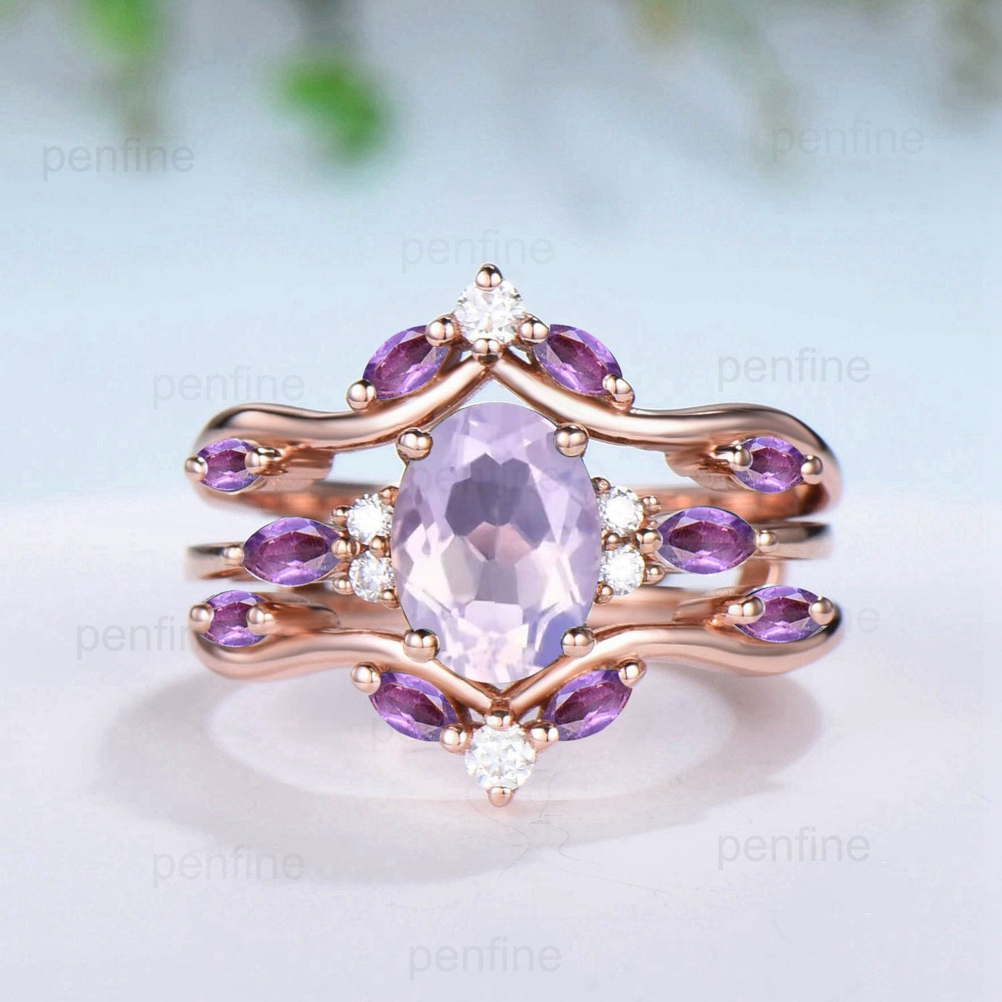 Unique Oval Lavender Amethyst Engagement Ring Set Vintage Marquise Purple Amethyst Wedding Ring Double Curved Enhancer Band Anniversary Gift - PENFINE