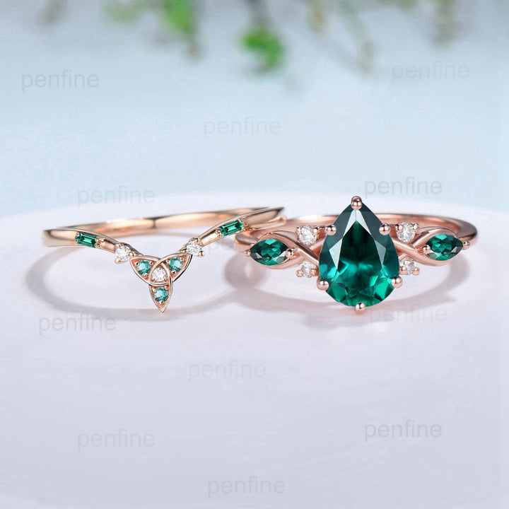 Vintage Emerald Wedding Ring Set Pear Shaped Emerald Engagement Ring Set Unique 14k Rose Gold Floral May Birthstone Bridal Ring Set Women - PENFINE