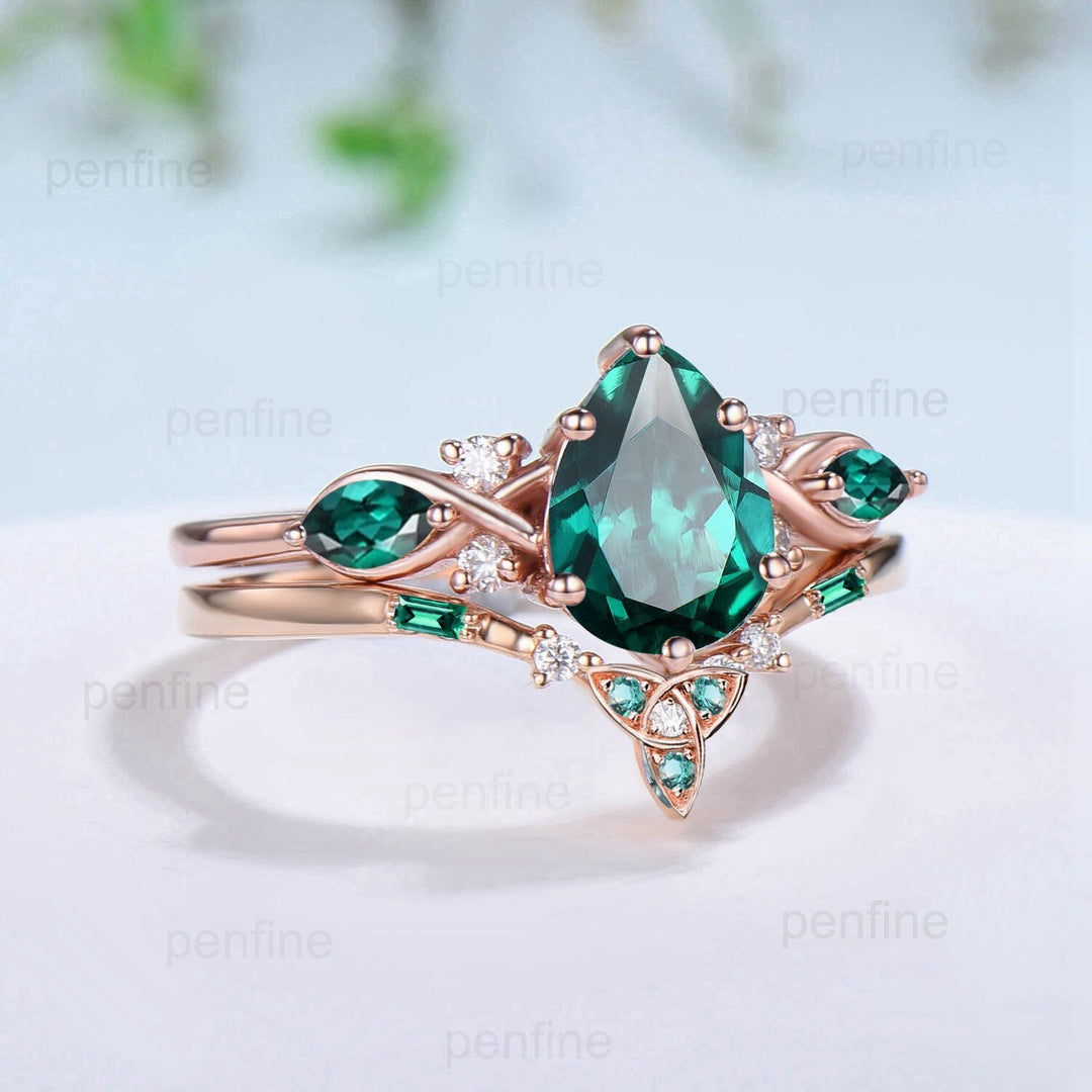 Vintage Emerald Wedding Ring Set Pear Shaped Emerald Engagement Ring Set Unique 14k Rose Gold Floral May Birthstone Bridal Ring Set Women - PENFINE