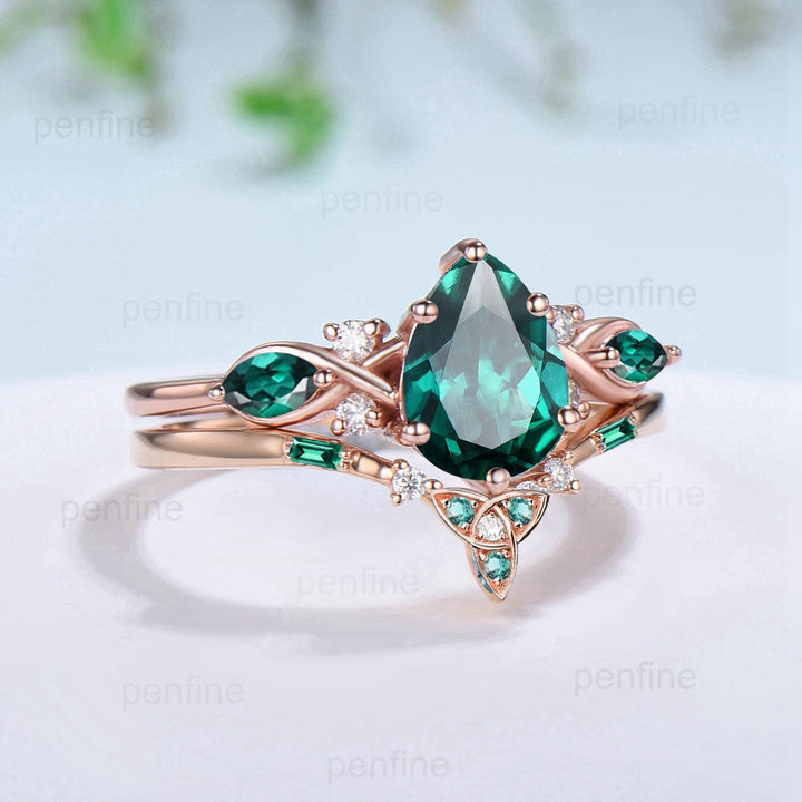 Vintage Emerald Wedding Ring Set Pear Shaped Emerald Engagement Ring Set Unique 14k Rose Gold Floral May Birthstone Bridal Ring Set Women - PENFINE