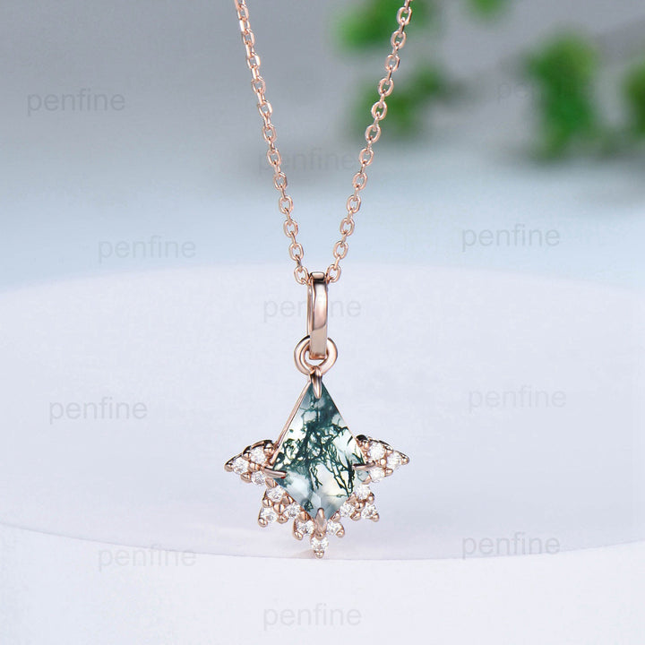 Art Deco Kite Cut  Moss Agate Pendant Necklace Vintage Green Agate Diamond Pendant 14k/18k rose gold moissanite promise engagement gift - PENFINE