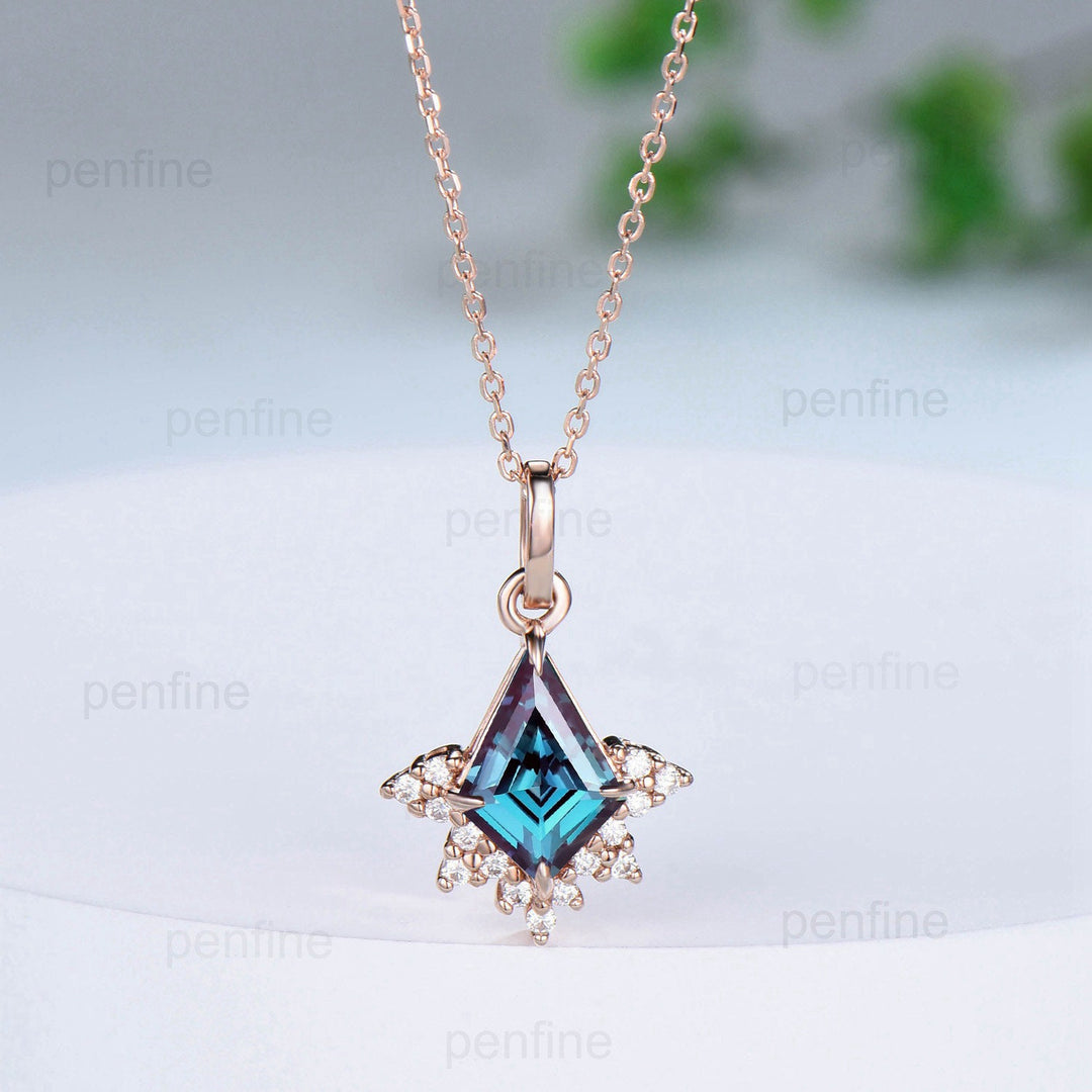 Art Deco Kite Cut Alexandrite Pendant Necklace Vintage Retro Diamond Pendant 14k/18k rose gold moissanite promise engagement gift for women - PENFINE