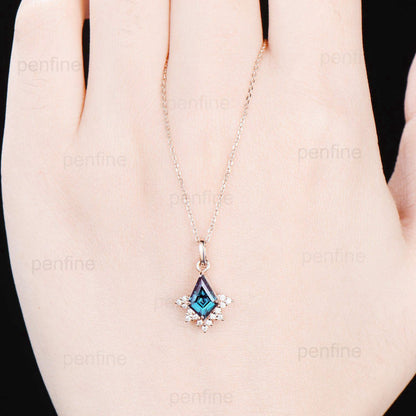 Art Deco Kite Cut Alexandrite Pendant Necklace Vintage Retro Diamond Pendant 14k/18k rose gold moissanite promise engagement gift for women - PENFINE