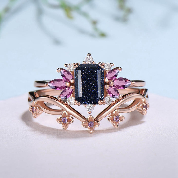 Emerald Cut Galaxy Blue Sandstone Engagement Ring Set Marquise Amethyst Wedding Ring Set Women Unique Branch Bridal Set Personalized Gift - PENFINE