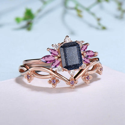 Emerald Cut Galaxy Blue Sandstone Engagement Ring Set Marquise Amethyst Wedding Ring Set Women Unique Branch Bridal Set Personalized Gift - PENFINE