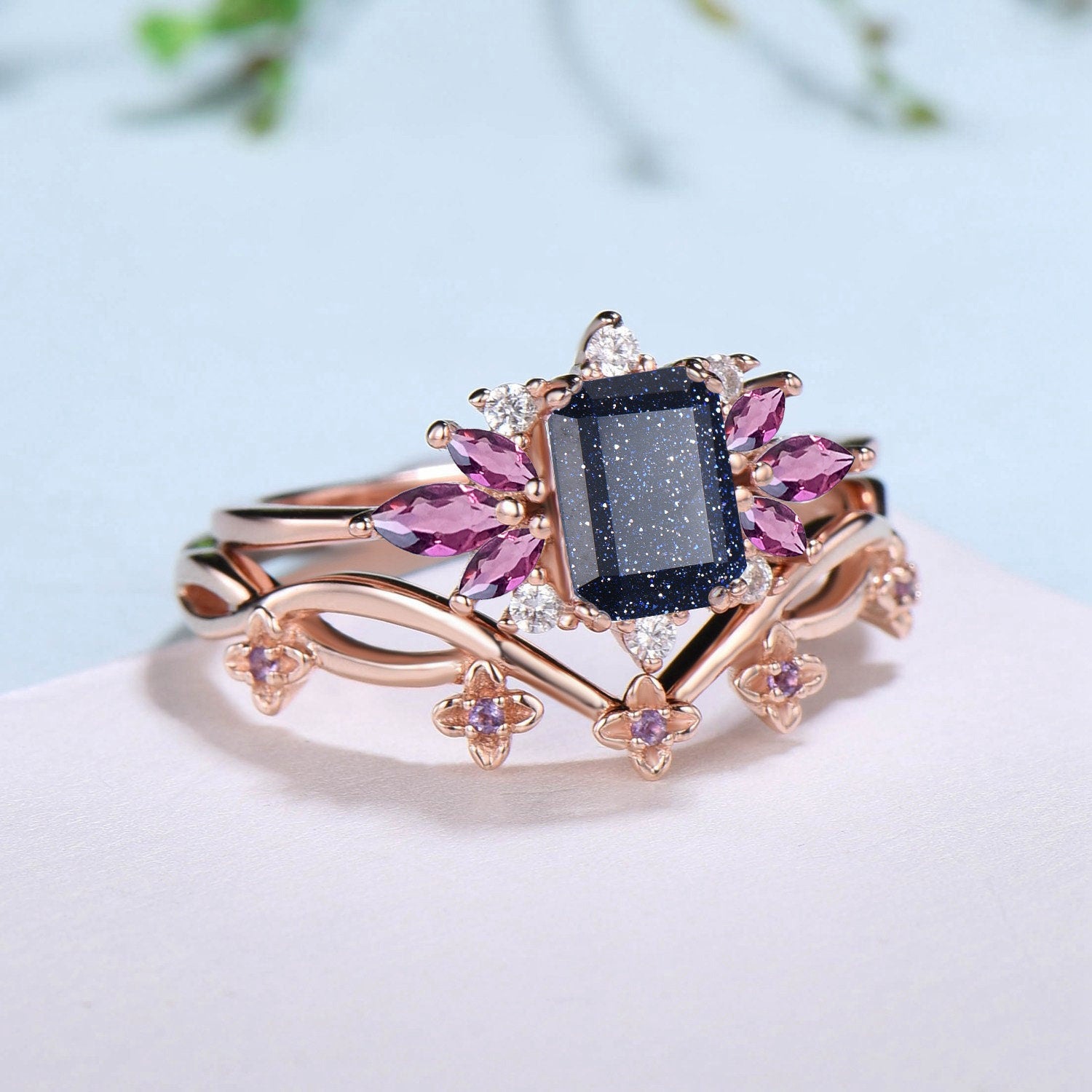 Emerald Cut Galaxy Blue Sandstone Engagement Ring Set Marquise Amethyst Wedding Ring Set Women Unique Branch Bridal Set Personalized Gift - PENFINE