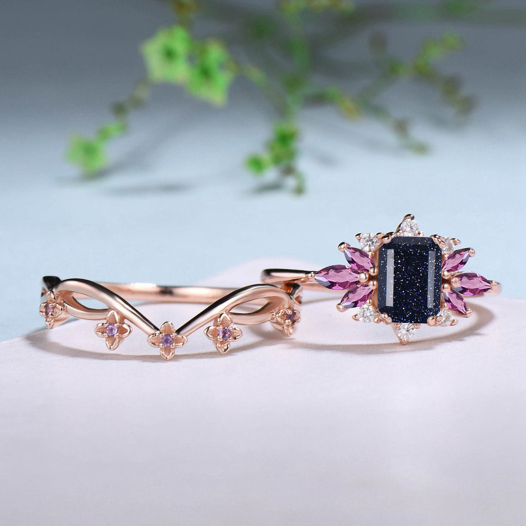 Emerald Cut Galaxy Blue Sandstone Engagement Ring Set Marquise Amethyst Wedding Ring Set Women Unique Branch Bridal Set Personalized Gift - PENFINE