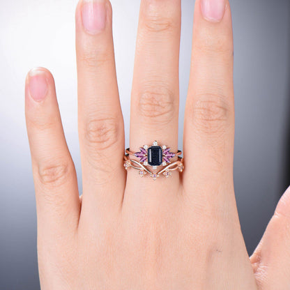 Emerald Cut Galaxy Blue Sandstone Engagement Ring Set Marquise Amethyst Wedding Ring Set Women Unique Branch Bridal Set Personalized Gift - PENFINE