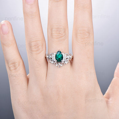 Celtic Love emerald wedding set vintage emerald engagement ring set pear shaped Norse Viking Cluster emerald diamonds Knot bridal ring set - PENFINE