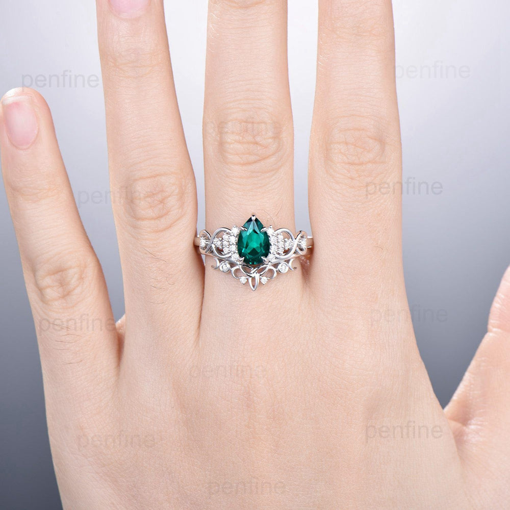 Celtic Love emerald wedding set vintage emerald engagement ring set pear shaped Norse Viking Cluster emerald diamonds Knot bridal ring set - PENFINE