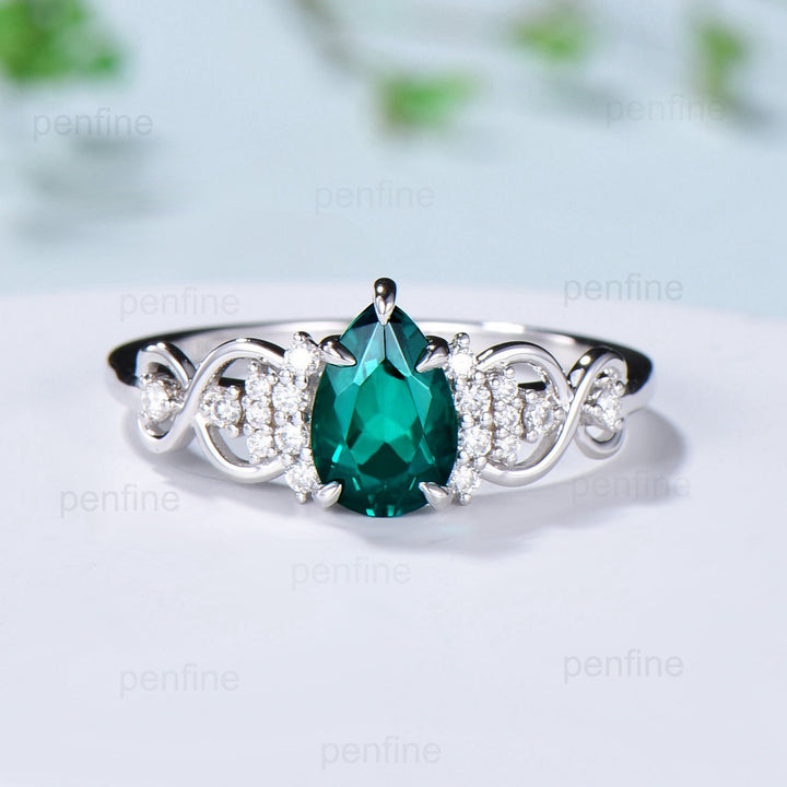 Celtic Love emerald wedding set vintage emerald engagement ring set pear shaped Norse Viking Cluster emerald diamonds Knot bridal ring set - PENFINE