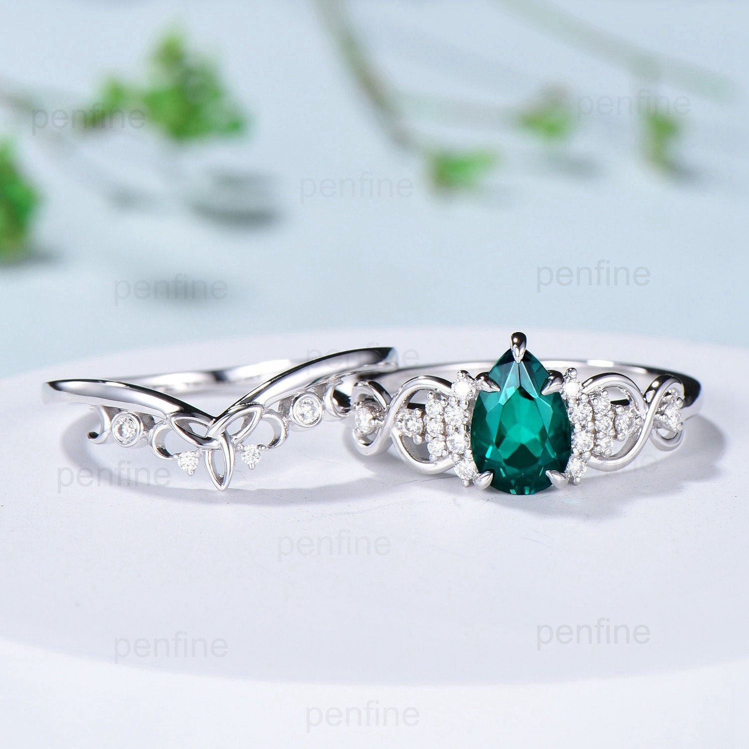 Celtic Love emerald wedding set vintage emerald engagement ring set pear shaped Norse Viking Cluster emerald diamonds Knot bridal ring set - PENFINE