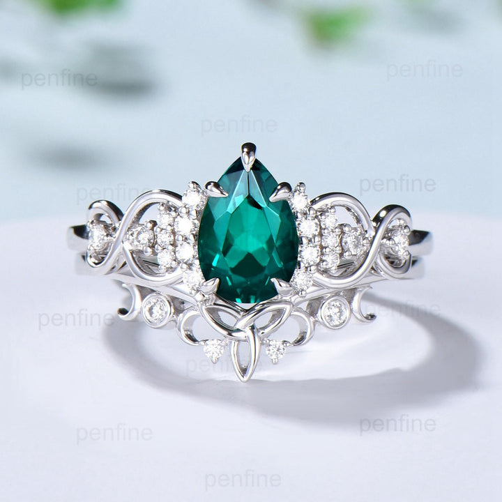 Celtic Love emerald wedding set vintage emerald engagement ring set pear shaped Norse Viking Cluster emerald diamonds Knot bridal ring set - PENFINE