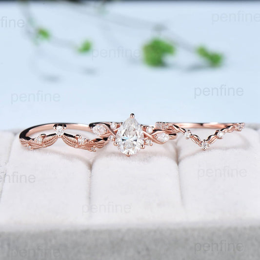 Pear Shaped Brilliant Moissanite Engagement Ring Set Vintage Lab Grown Diamond Wedding Ring Set Curved Stacking Matching Band Bridal Set - PENFINE