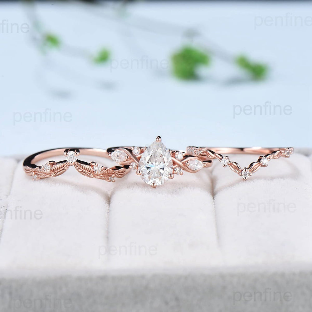 Pear Shaped Brilliant Moissanite Engagement Ring Set Vintage Lab Grown Diamond Wedding Ring Set Curved Stacking Matching Band  Bridal Set - PENFINE