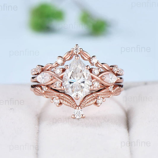 Pear Shaped Brilliant Moissanite Engagement Ring Set Vintage Lab Grown Diamond Wedding Ring Set Curved Stacking Matching Band  Bridal Set - PENFINE