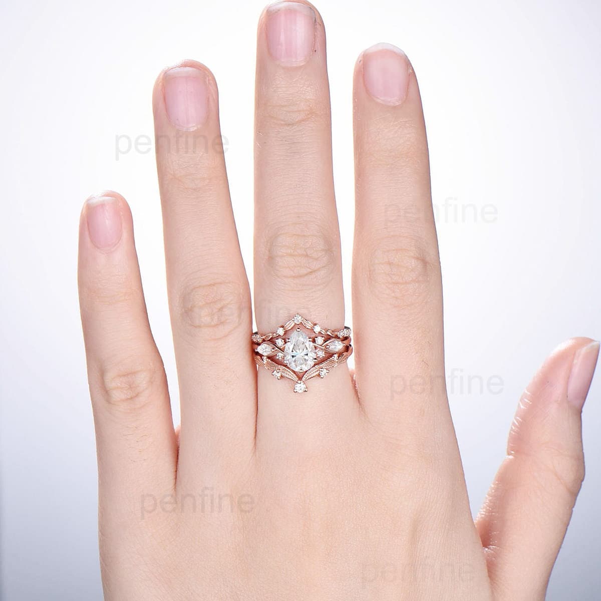 Pear Shaped Brilliant Moissanite Engagement Ring Set Vintage Lab Grown Diamond Wedding Ring Set Curved Stacking Matching Band  Bridal Set - PENFINE