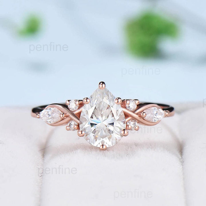 Pear Shaped Brilliant Moissanite Engagement Ring Set Vintage Lab Grown Diamond Wedding Ring Set Curved Stacking Matching Band  Bridal Set - PENFINE