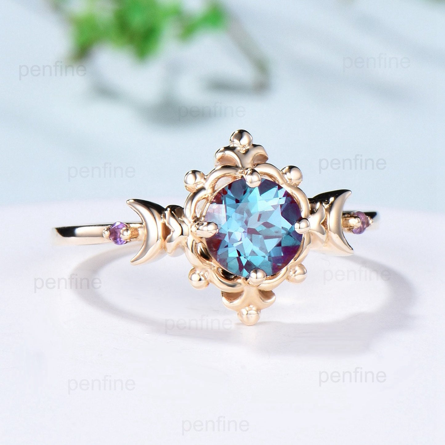 Vintage Alexandrite Ring Set Magic Crescent Moon Floral Alexandrite Engagement Ring Color Change Cluster Amethyst Opal Wedding Set for Women - PENFINE