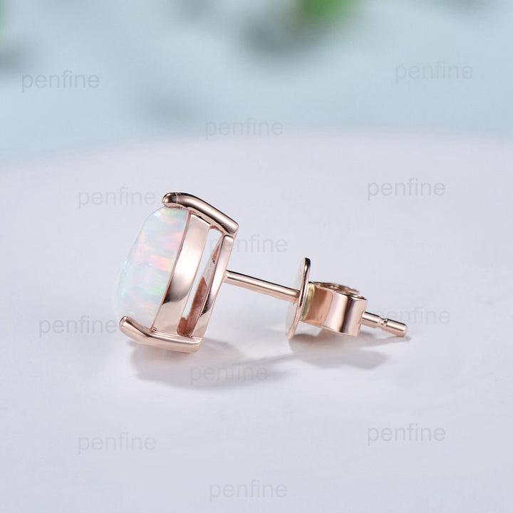 Dainty fire opal earrings solitaire pear shaped white opal stud earrings rose gold minimalist October birthstone Handmade Proposal Gift - PENFINE