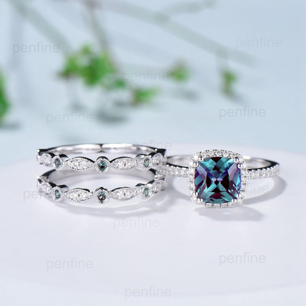 Vintage cushion alexandrite ring 14k/18k white gold retro halo diamond color change stone engagement ring set Double enhancer stacking ring - PENFINE