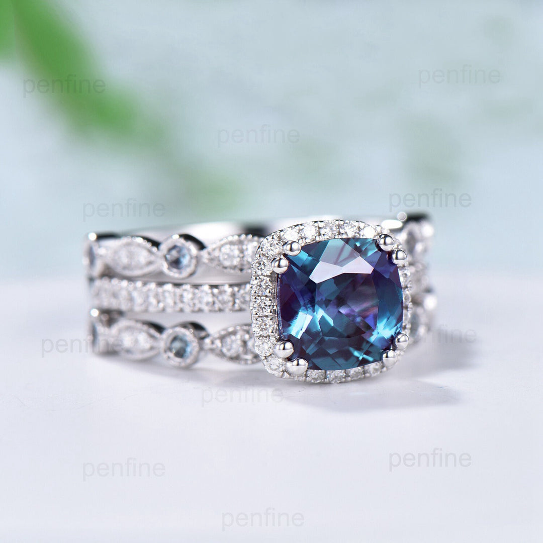 Vintage cushion alexandrite ring 14k/18k white gold retro halo diamond color change stone engagement ring set Double enhancer stacking ring - PENFINE