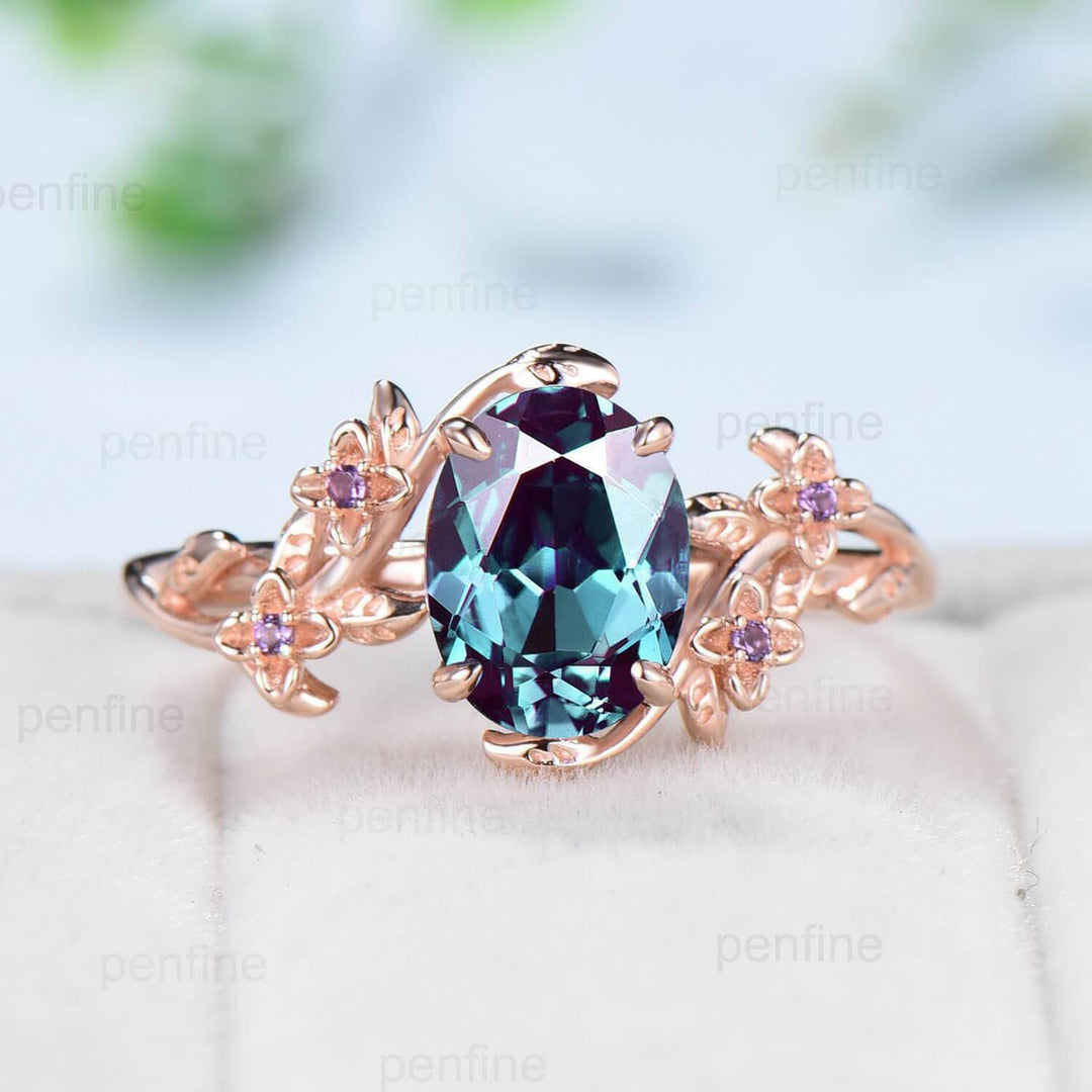 Unique alexandrite ring vintage Oval  floral engagement ring nature inspired leaf cluster amethyst flower June birthstone gift for women - PENFINE