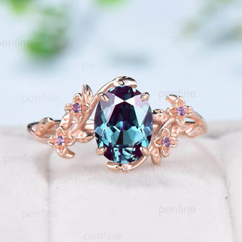 Unique alexandrite ring vintage Oval  floral engagement ring nature inspired leaf cluster amethyst flower June birthstone gift for women - PENFINE