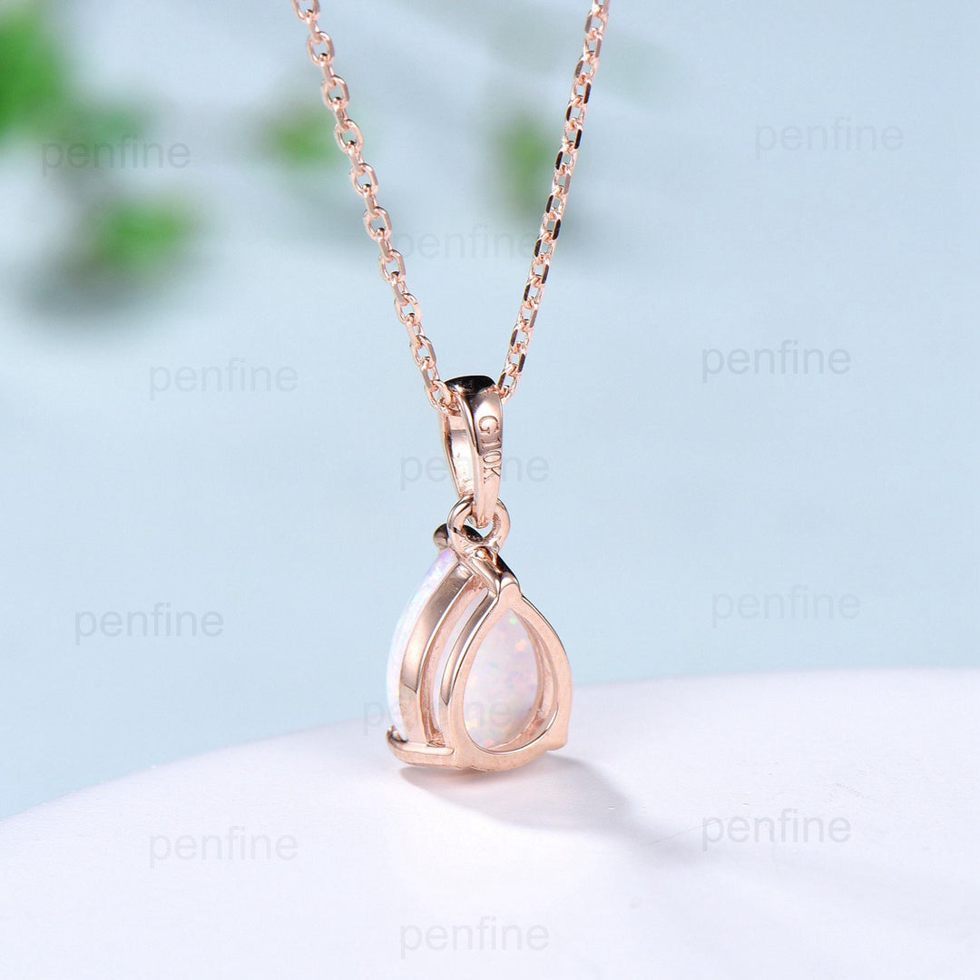 Dainty fire opal pendant necklace solitaire white opal pendant 14k/18k rose gold minimalist October birthstone pendant necklace for women - PENFINE