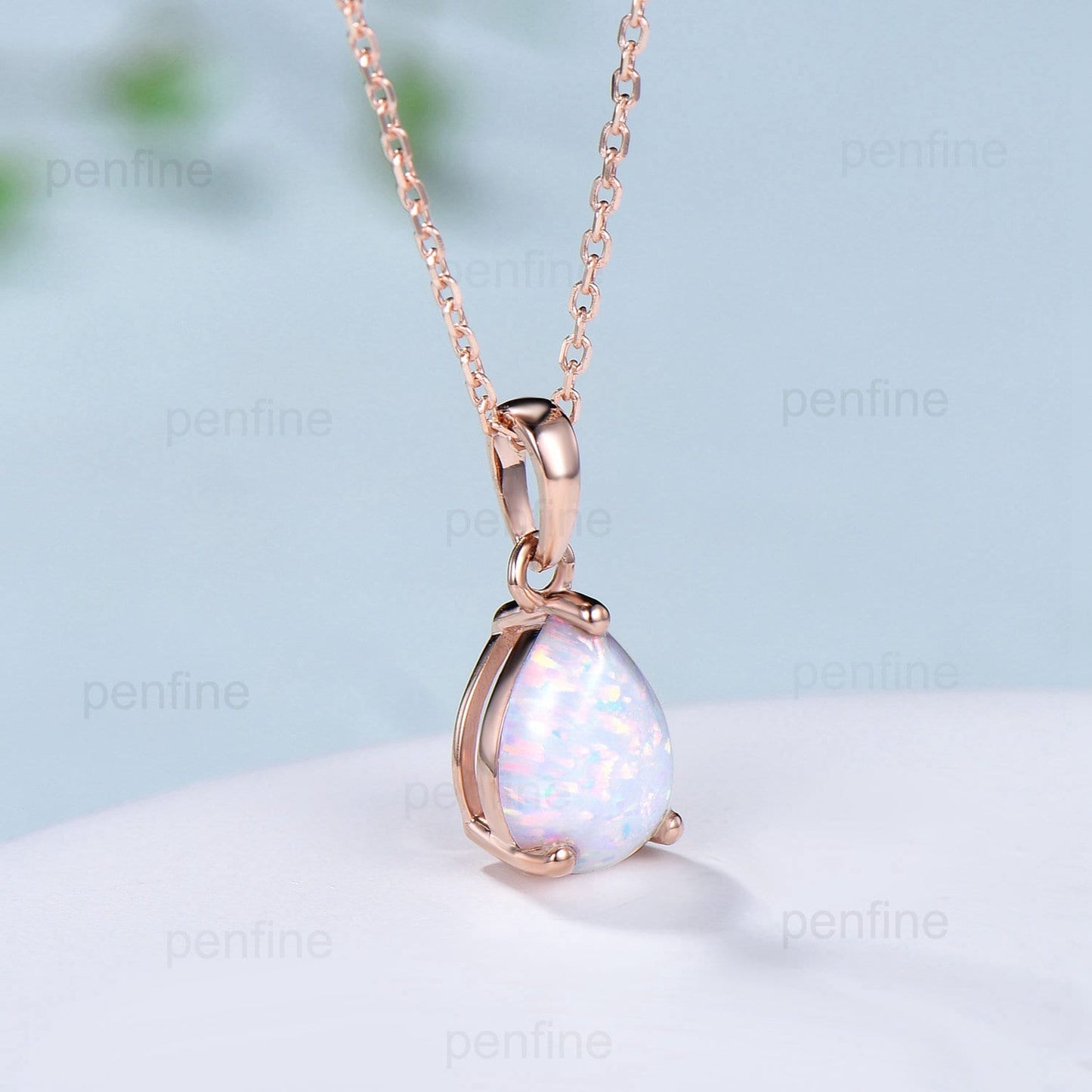 Dainty fire opal pendant necklace solitaire white opal pendant 14k/18k rose gold minimalist October birthstone pendant necklace for women - PENFINE