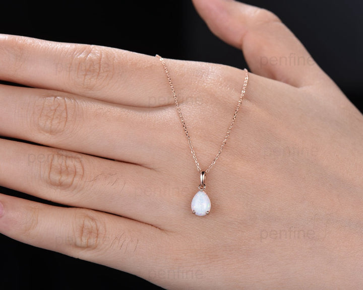 Dainty fire opal pendant necklace solitaire white opal pendant 14k/18k rose gold minimalist October birthstone pendant necklace for women - PENFINE