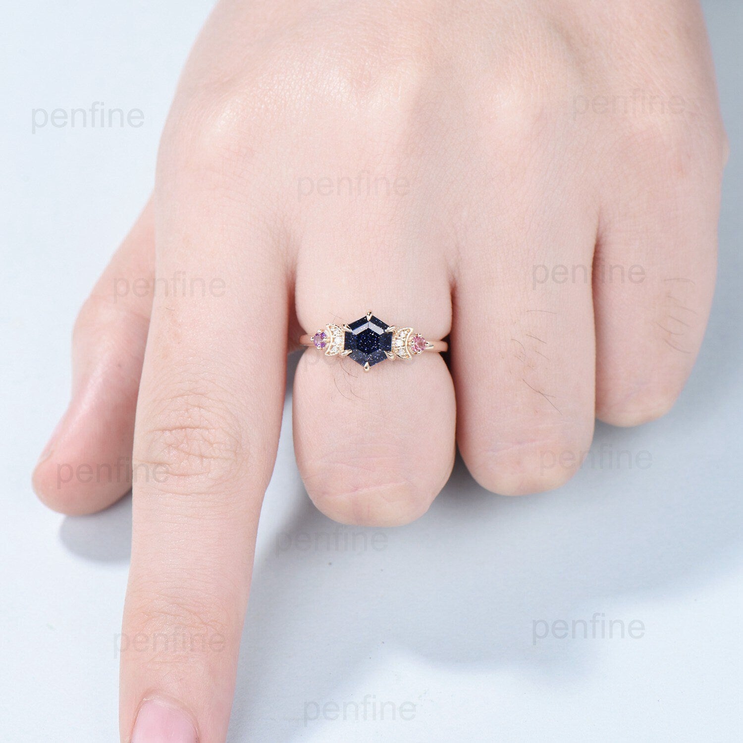 Custom Celestial moon blue sandstone engagement ring Unique tourmaline amethyst wedding ring vintage crescent moon proposal gifts for women - PENFINE