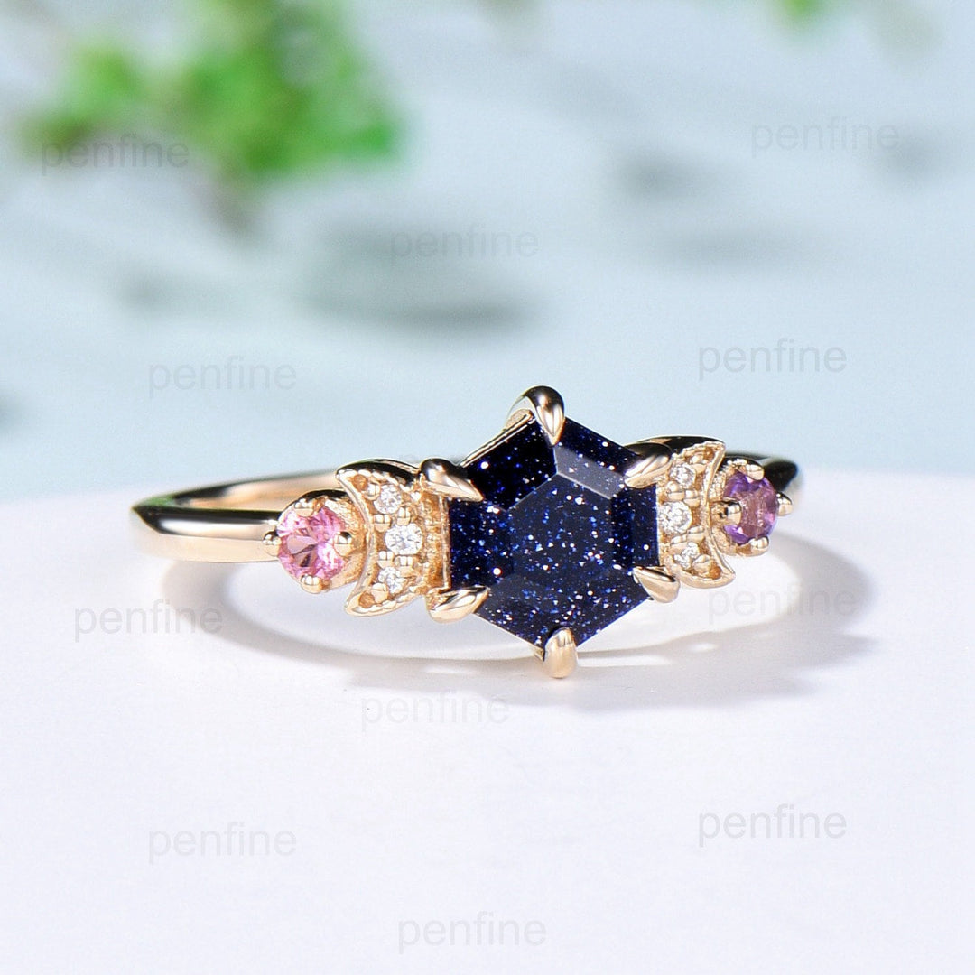 Custom Celestial moon blue sandstone engagement ring Unique tourmaline amethyst wedding ring vintage crescent moon proposal gifts for women - PENFINE