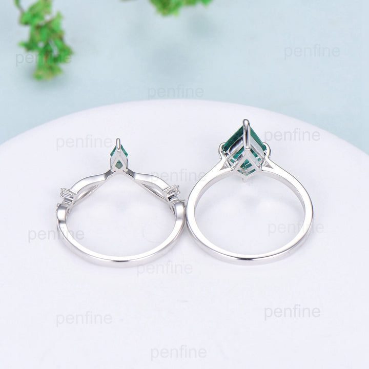 Dainty Moss Agate Engagement Ring Set Kite Cut Solitaire Minimalist Wedding Set Rose Gold Art Deco Green Agate Bridal Set Anniversary Gift - PENFINE