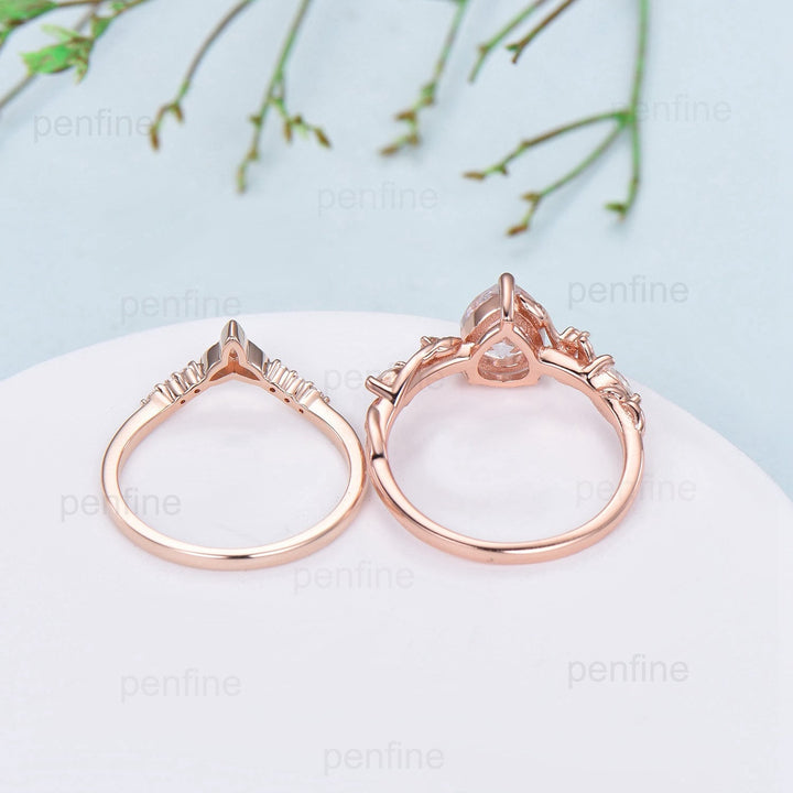 Vintage Pear White Opal Engagement Ring Set Marquise Moonstone Five Stone Fire Opal Wedding Set Art Deco Norse Viking Emerald Stacking Band - PENFINE