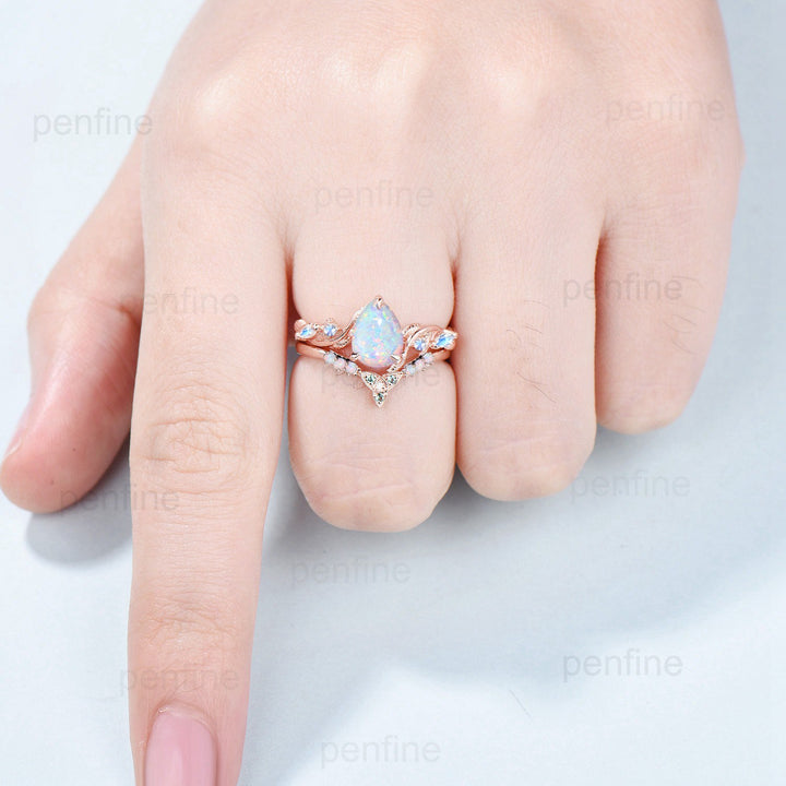 Vintage Pear White Opal Engagement Ring Set Marquise Moonstone Five Stone Fire Opal Wedding Set Art Deco Norse Viking Emerald Stacking Band - PENFINE