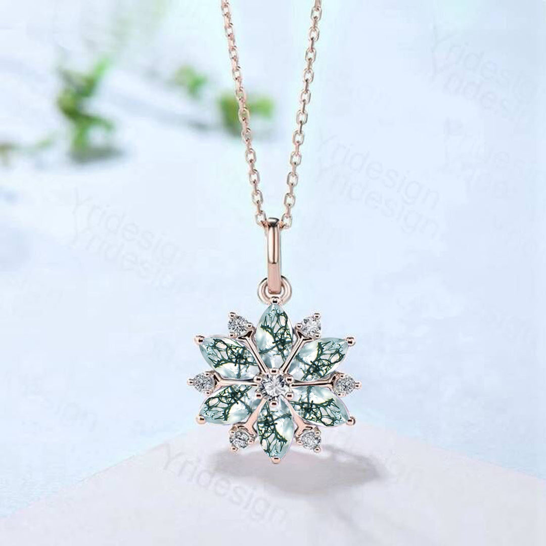 Vintage Snowflake Moss Agate Pendant Necklace Unique Retro Marquise Agate Necklace Floral Flower Pendant Natural Pendant Christmas gift - PENFINE