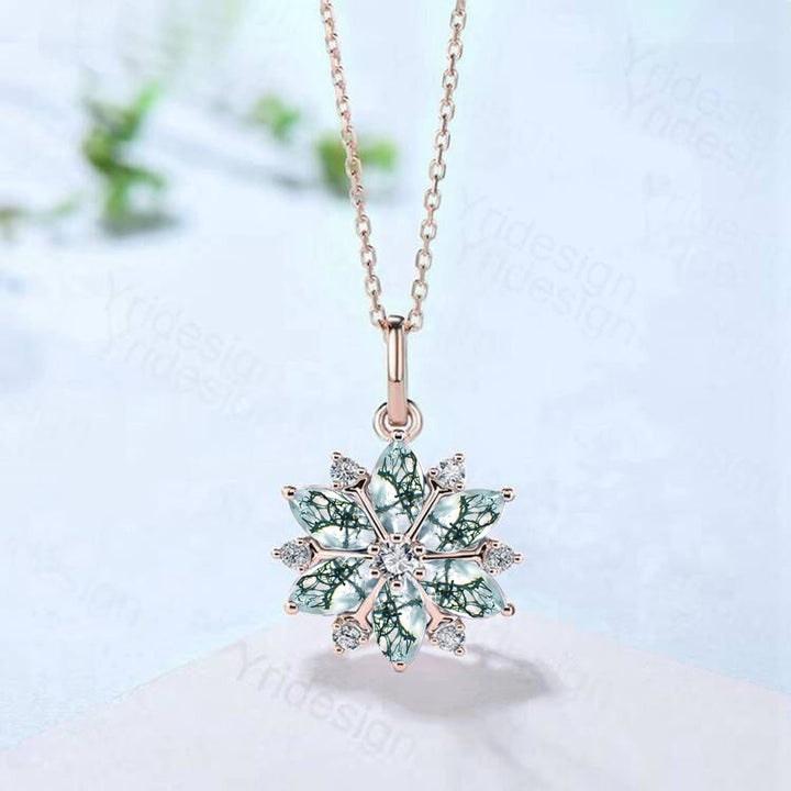Vintage Snowflake Moss Agate Pendant Necklace Unique Retro Marquise Agate Necklace Floral Flower Pendant Natural Pendant Christmas gift - PENFINE