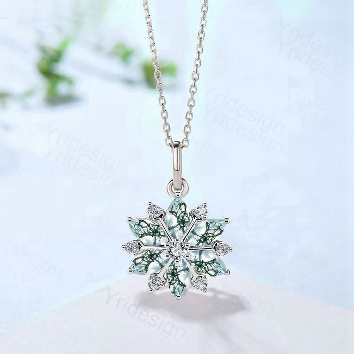 Vintage Snowflake Moss Agate Pendant Necklace Unique Retro Marquise Agate Necklace Floral Flower Pendant Natural Pendant Christmas gift - PENFINE