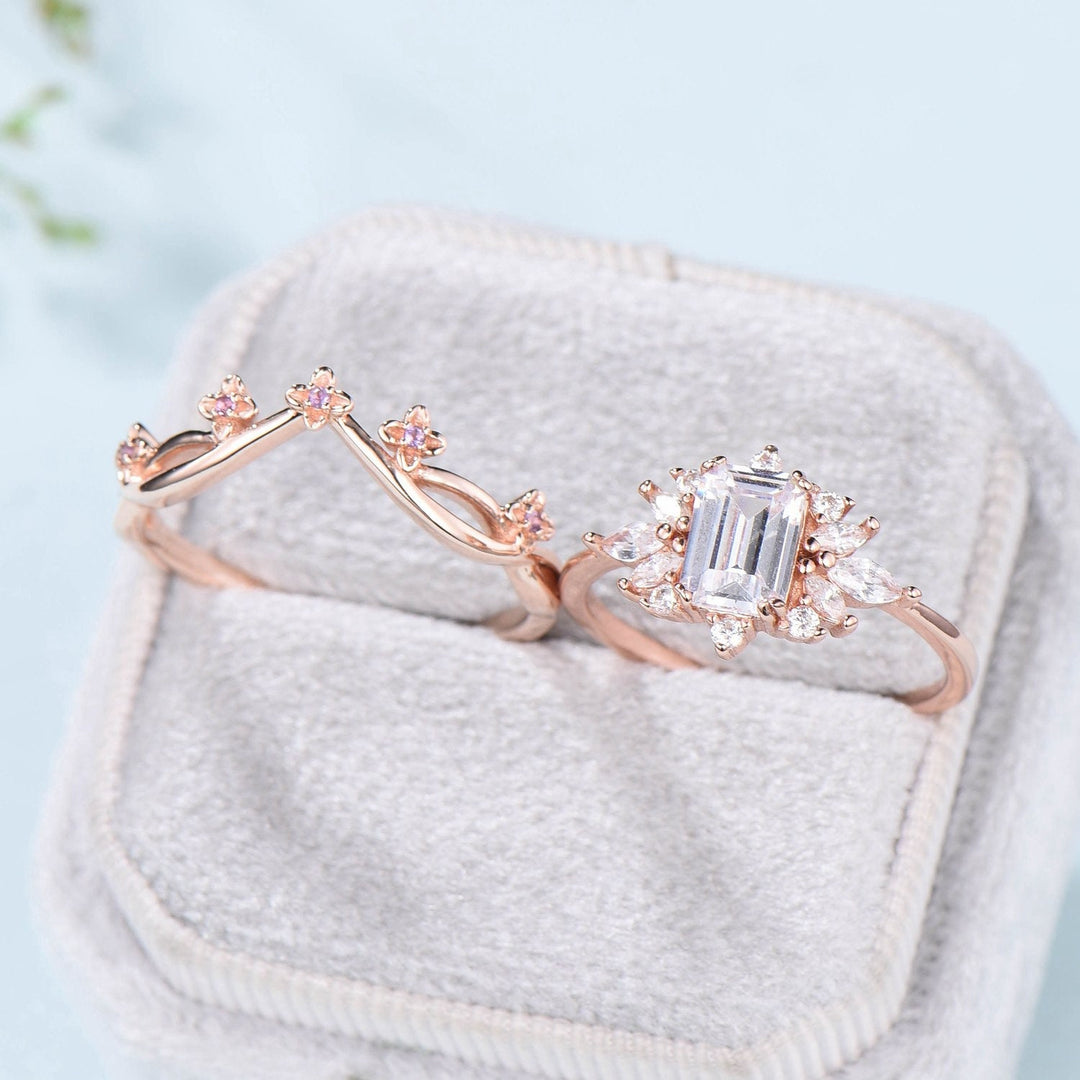 Fancy Emerald Cut Moissanite Engagement Ring Set Halo Moissanite Wedding Ring Set Women Unique Amethyst Branch Bridal Set Personalized Gift - PENFINE