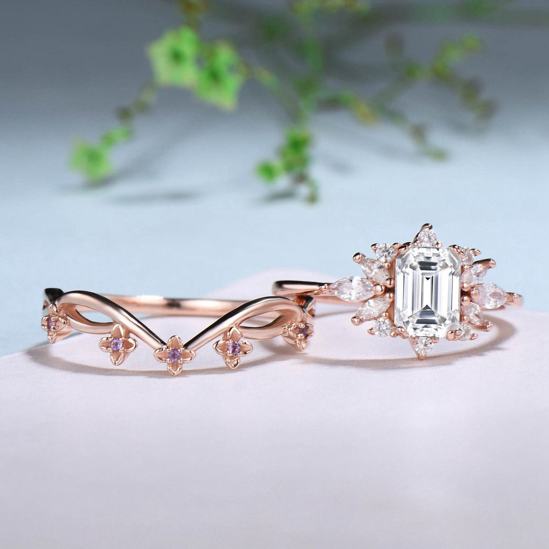 Fancy Emerald Cut Moissanite Engagement Ring Set Halo Moissanite Wedding Ring Set Women Unique Amethyst Branch Bridal Set Personalized Gift - PENFINE