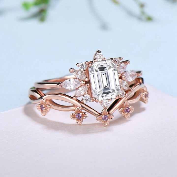 Fancy Emerald Cut Moissanite Engagement Ring Set Halo Moissanite Wedding Ring Set Women Unique Amethyst Branch Bridal Set Personalized Gift - PENFINE