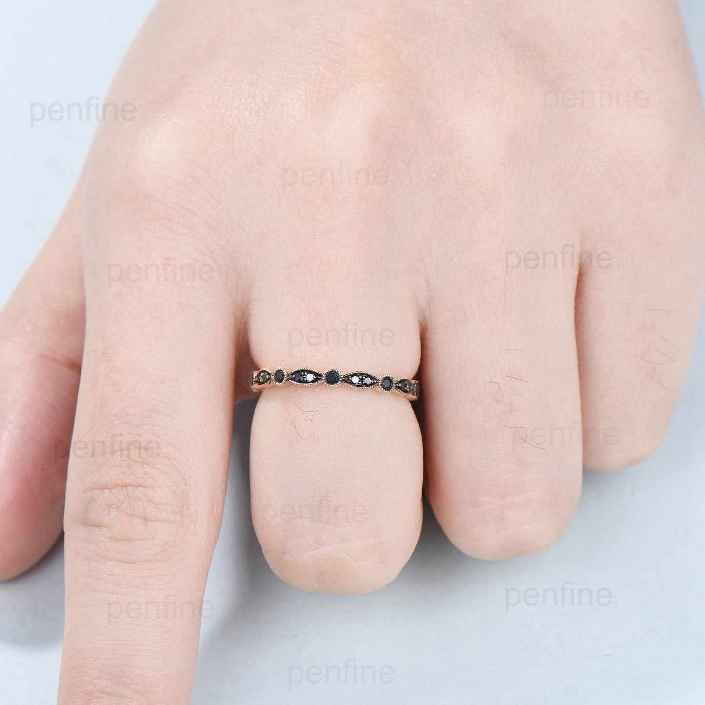 Art Deco Black Diamond Wedding Band Vintage Black Spinel Stacking Ring For Women Rose Gold Eternity fiancée Wedding Ring Anniversary Gift - PENFINE