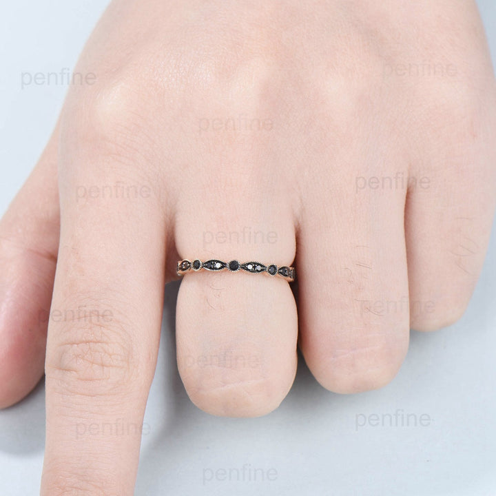 Art Deco Black Diamond Wedding Band Vintage Black Spinel Stacking Ring For Women Rose Gold Eternity fianc?¡ì|e Wedding Ring Anniversary Gift - PENFINE