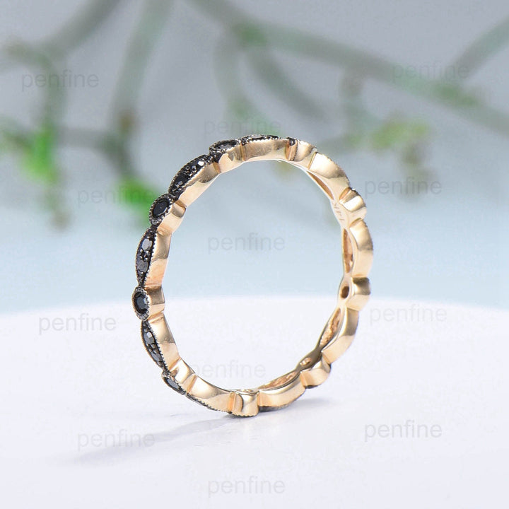 Art Deco Black Diamond Wedding Band Vintage Black Spinel Stacking Ring For Women Rose Gold Eternity fianc?¡ì|e Wedding Ring Anniversary Gift - PENFINE
